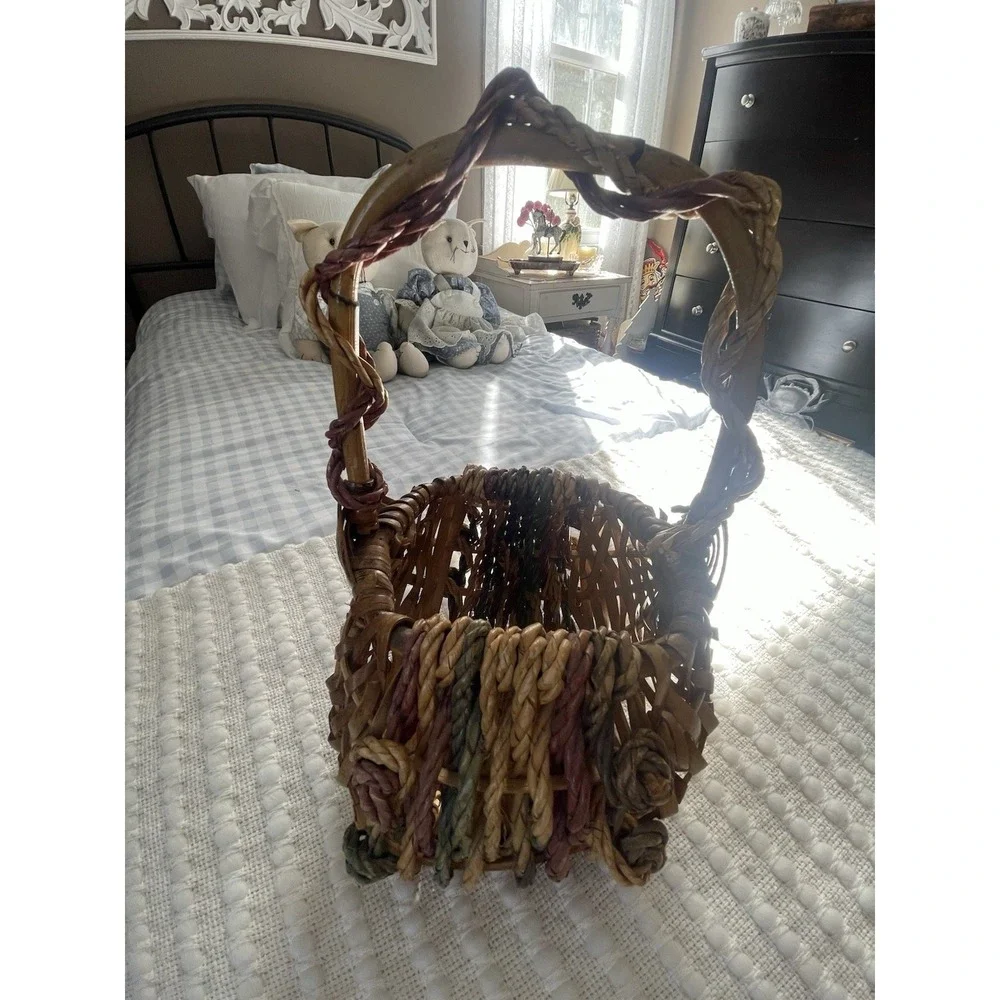 Handmade Small Wicker Woven Square Basket Twisted Handle Rustic Multicolor
